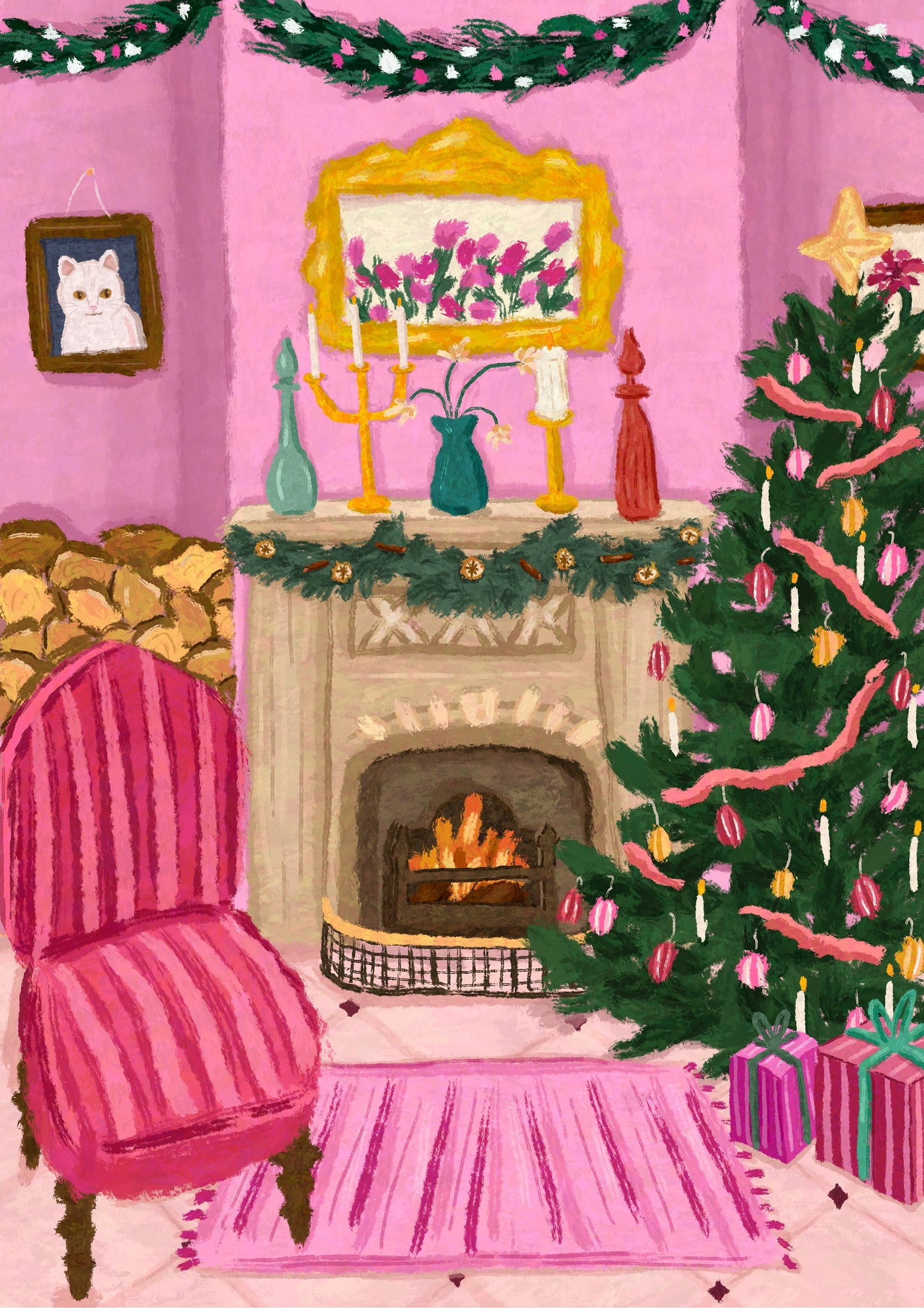 Cosy Christmas Living Room Print, Christmas Home Poster, Christmas Tree Wall Art, Vibrant Christmas Art Print, Pink Christmas House Print