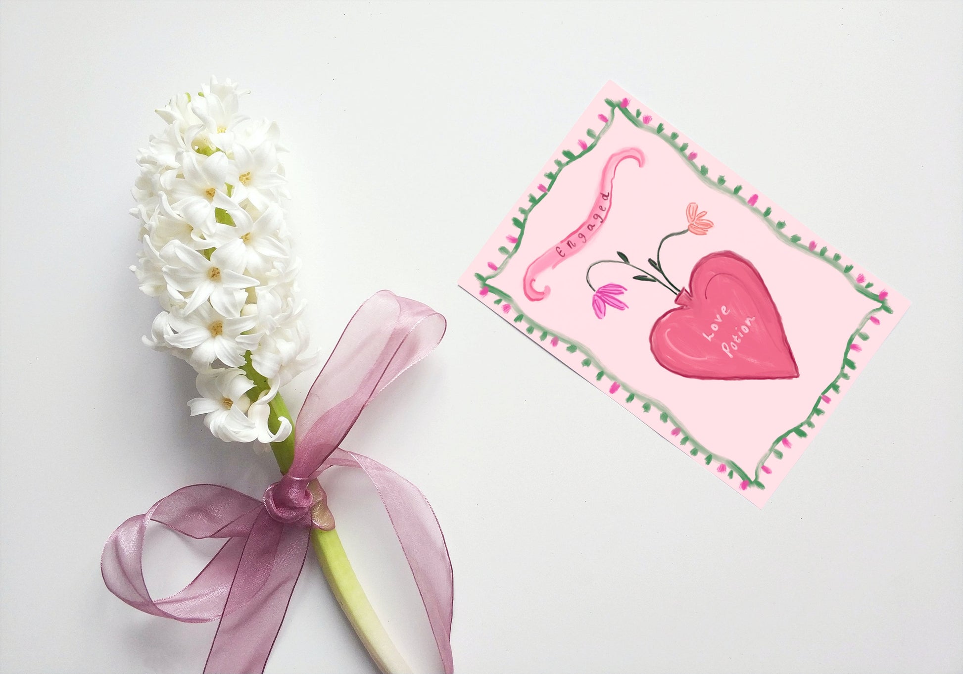 Engagement Card 5x7inch, Engagment greeting Card, Love Potion Greeting Card, Pink Romantic Card, Vintage Delicate Engagment Card