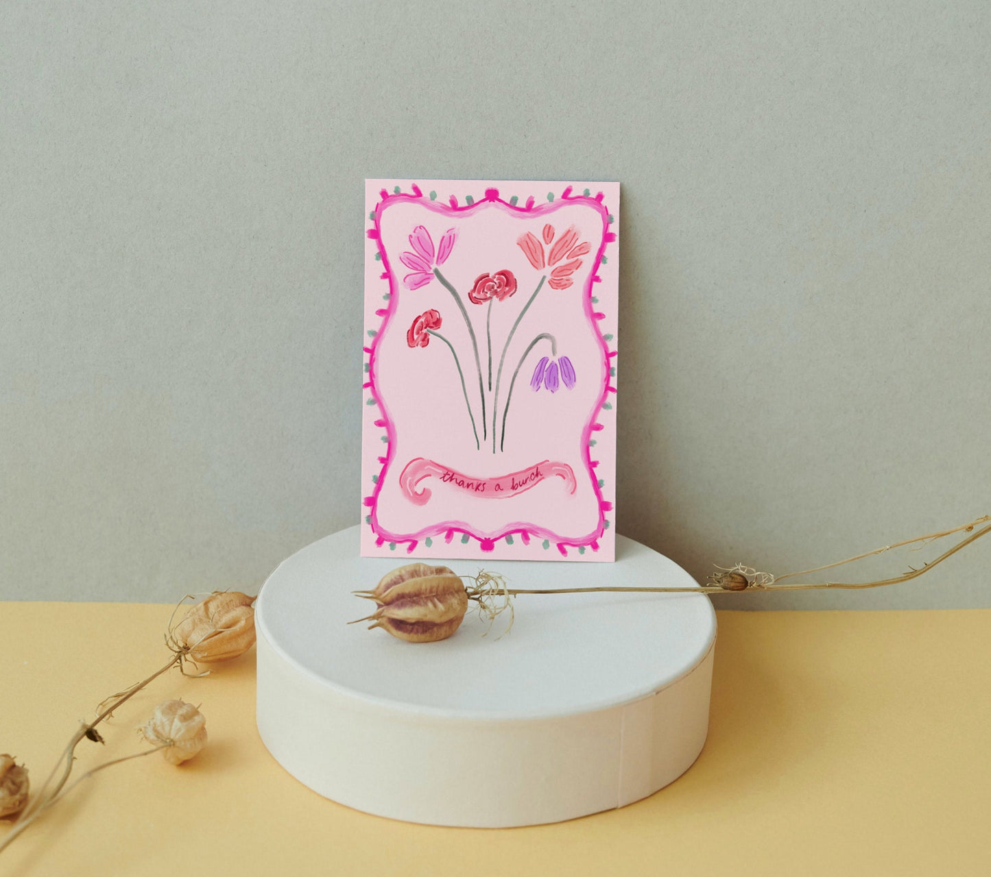 Thanks A Bunch Card 5x7inch, Thank You Greeting Card, Floral Greeting Card, Pink Flower Bunch Card, Vintage Delicate Thank You Card