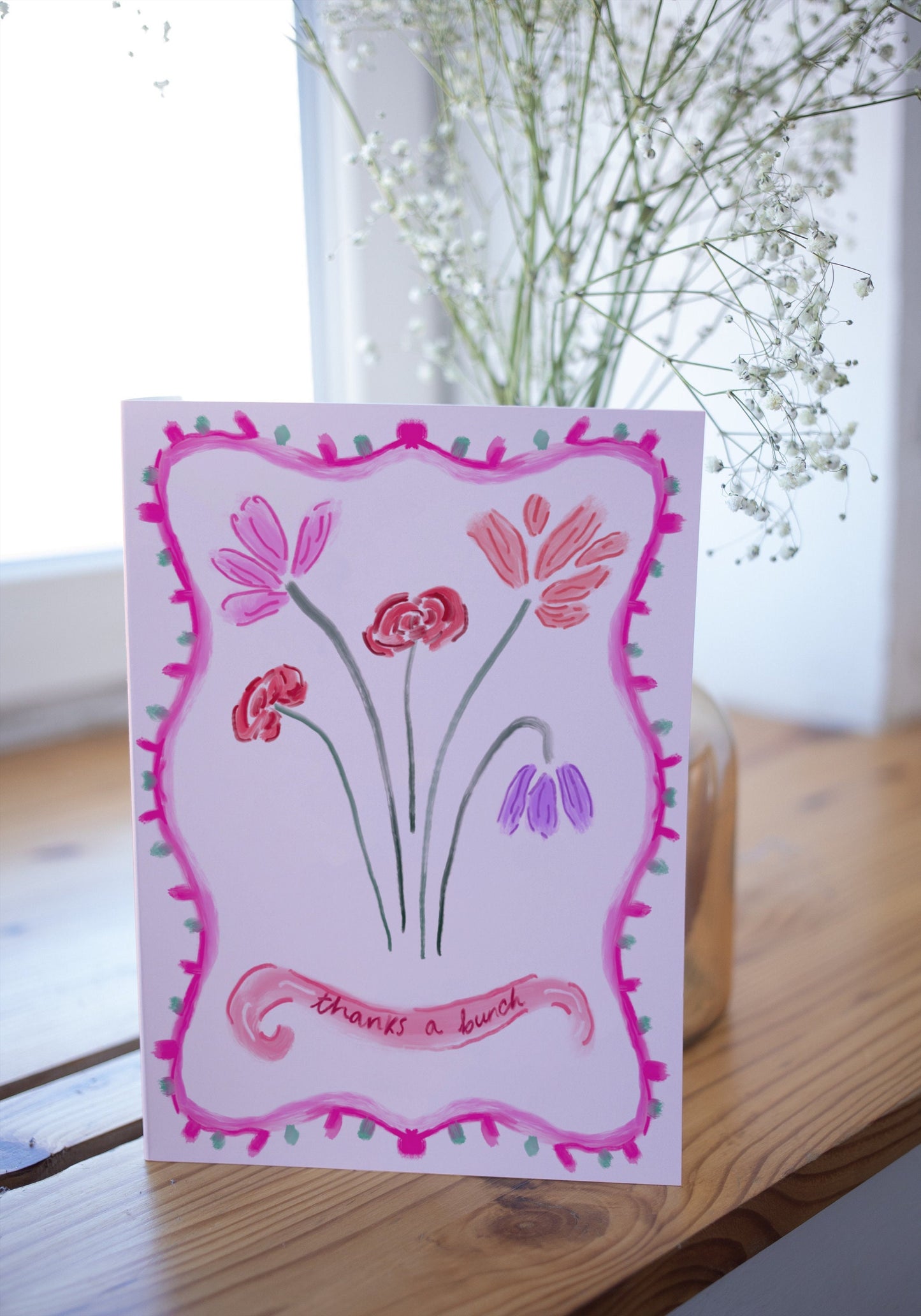 Thanks A Bunch Card 5x7inch, Thank You Greeting Card, Floral Greeting Card, Pink Flower Bunch Card, Vintage Delicate Thank You Card