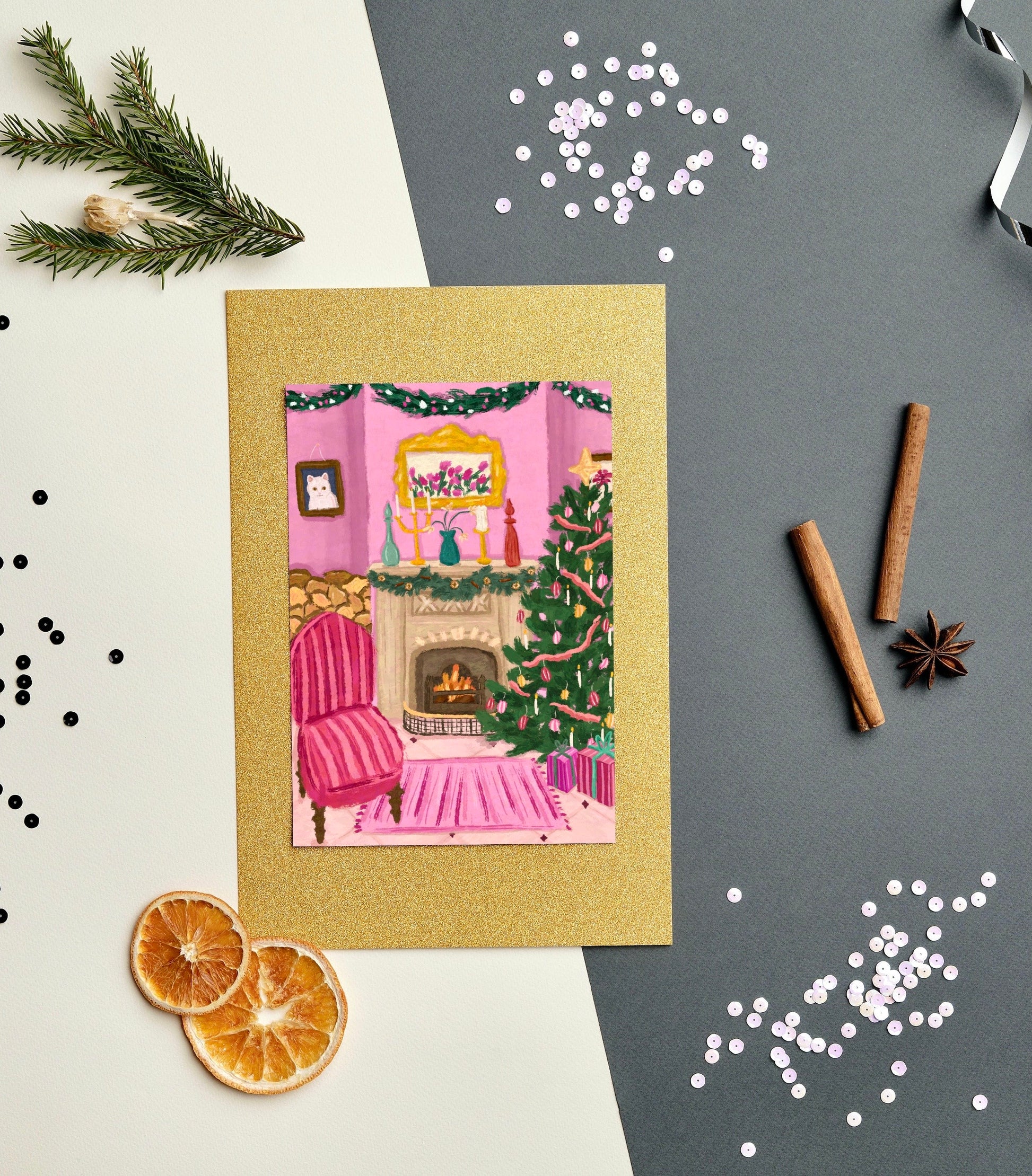 Christmas Scene Card 5x7inch, Xmas Card, Pink Christmas Living Room Greeting Card, Vibrant Christmas Tree Card, Fireplace Xmas Card