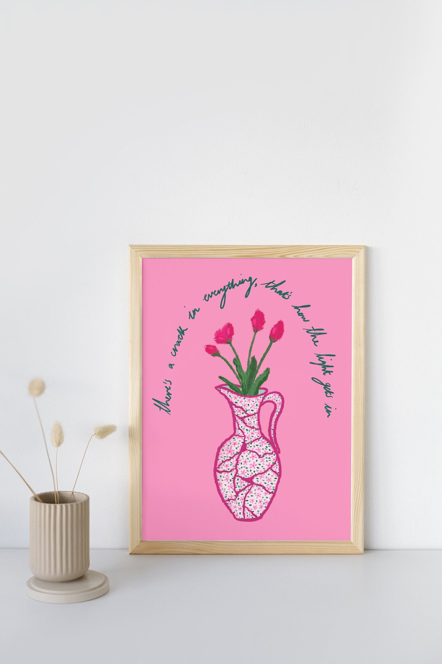 Kintsugi Print, That’s How The Light Gets In Print, Leonard Cohen Quote, Pink Floral Vase Poster, Pink Wall Art, Positive Quote Print