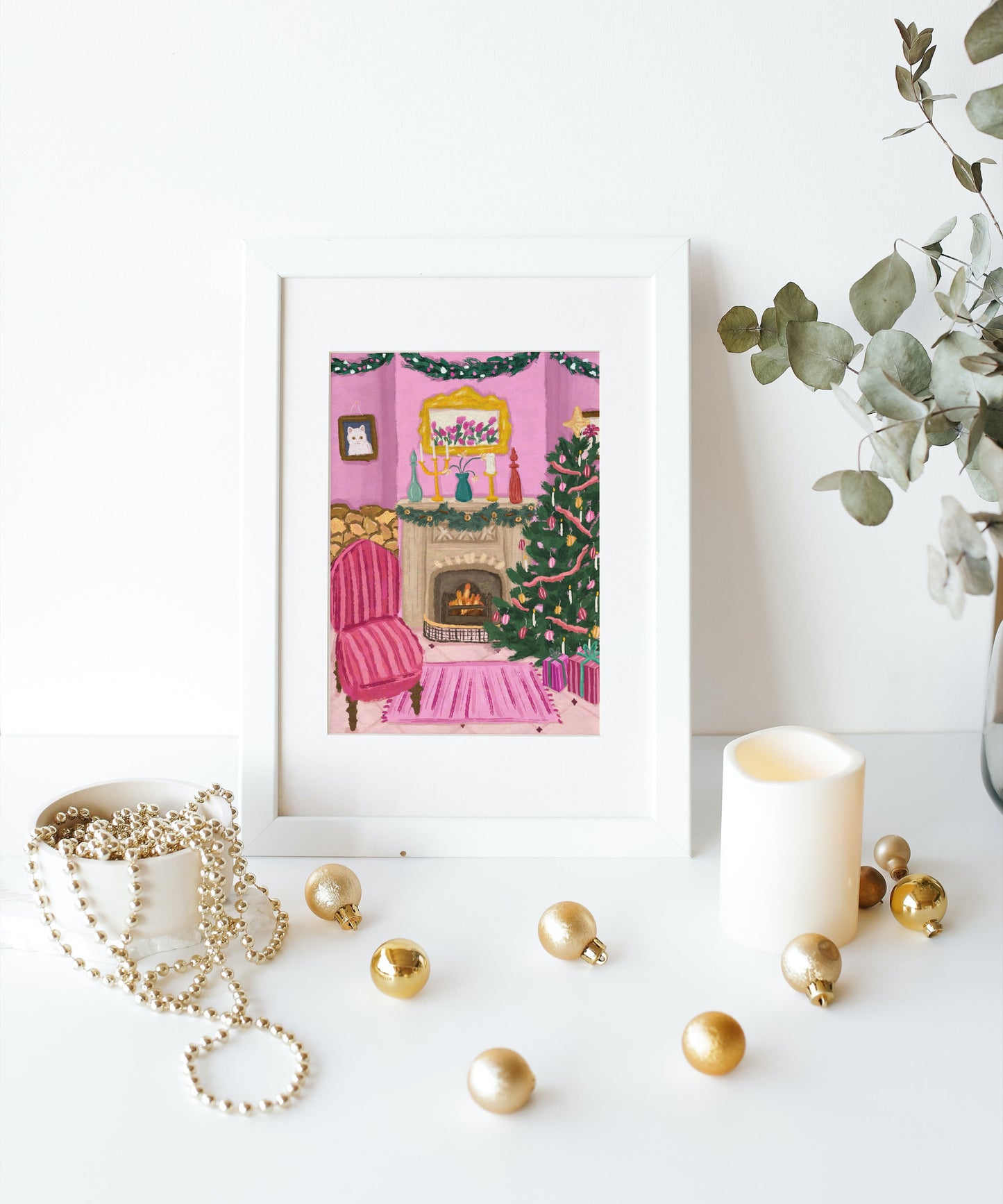 Cosy Christmas Living Room Print, Christmas Home Poster, Christmas Tree Wall Art, Vibrant Christmas Art Print, Pink Christmas House Print