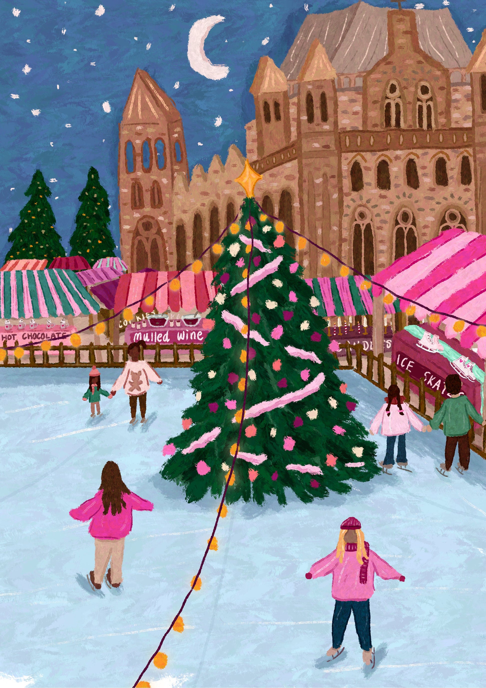 Ice Skating Christmas Card 5x7inch, London Skating Natural History Museum, Ice Skating Greeting Card, Christmas Tree Card, Xmas Card