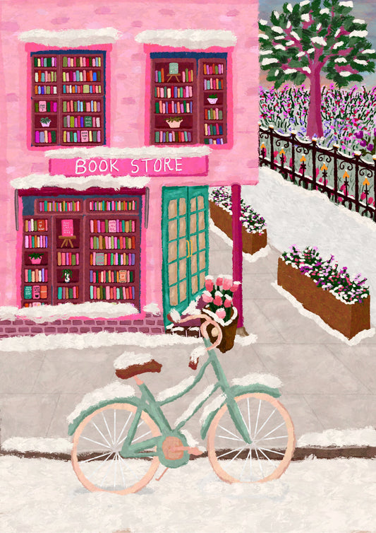 Snowy Book Shop Print, Book Store Art, Christmas Bookshop, City Bookshop Poster, NYC Book Shop Art, Gift For Bookworm