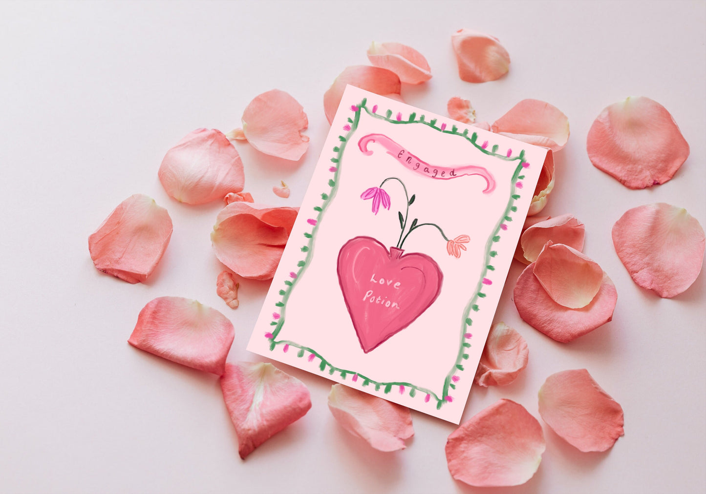 Engagement Card 5x7inch, Engagment greeting Card, Love Potion Greeting Card, Pink Romantic Card, Vintage Delicate Engagment Card