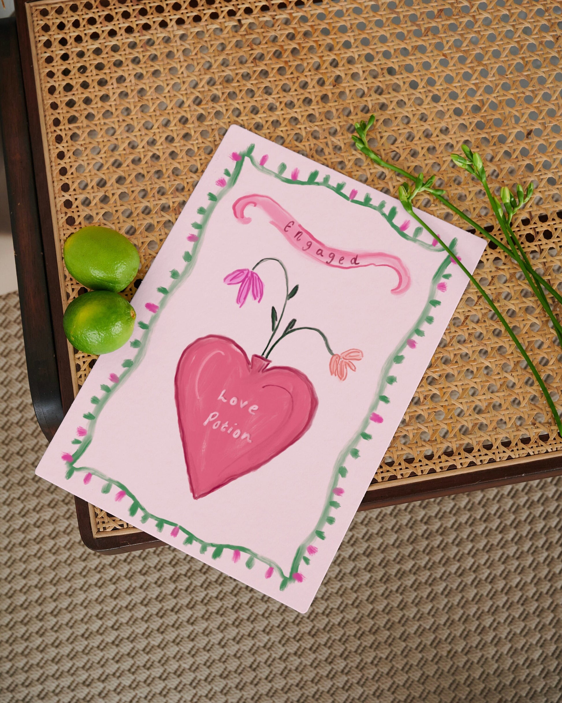 Engagement Card 5x7inch, Engagment greeting Card, Love Potion Greeting Card, Pink Romantic Card, Vintage Delicate Engagment Card