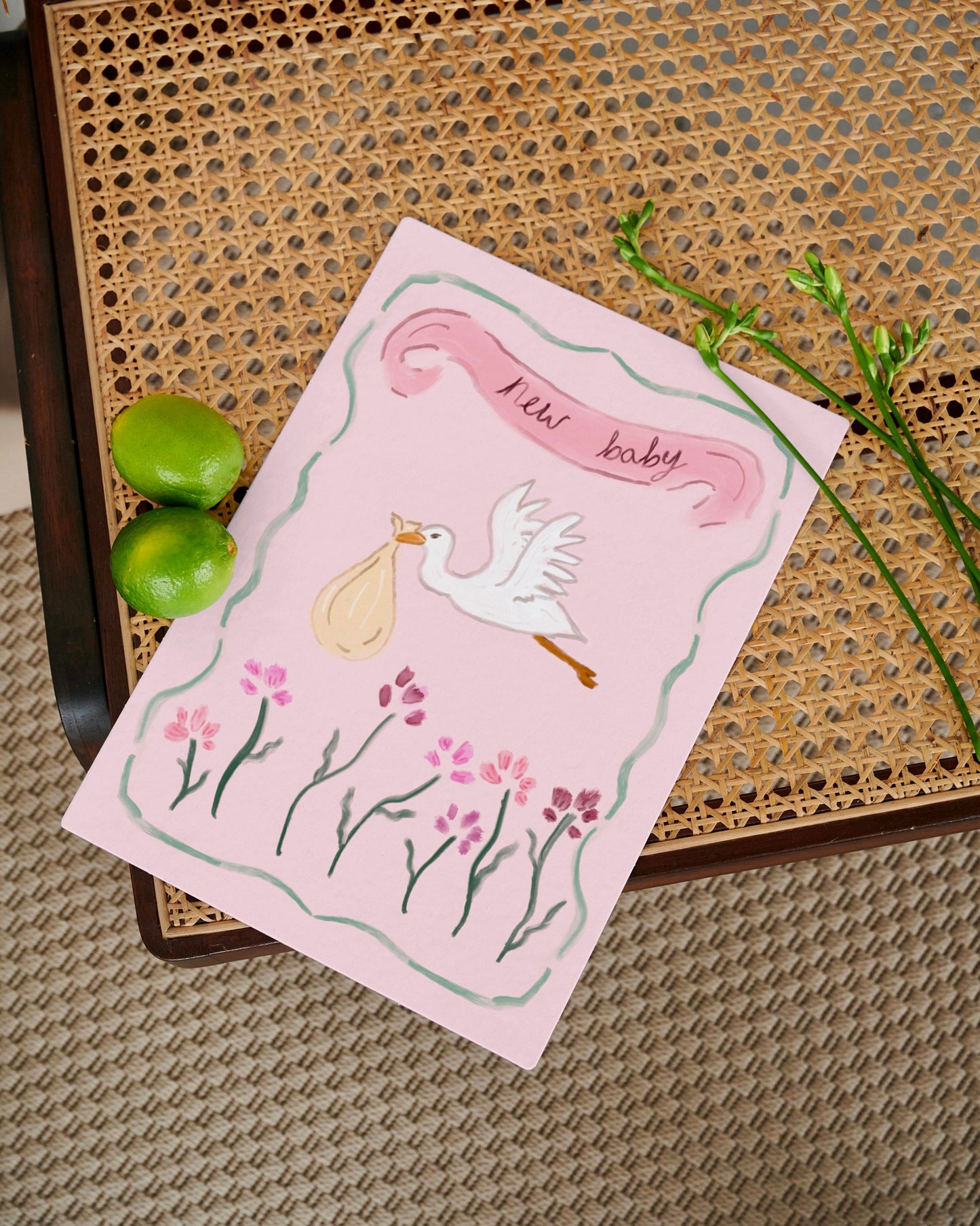 New Baby Card 5x7inch, New Baby Greeting Card, Baby Girl Card, Baby Boy Card, Vintage New Baby Card, Floral Baby Card, Congratulations Card