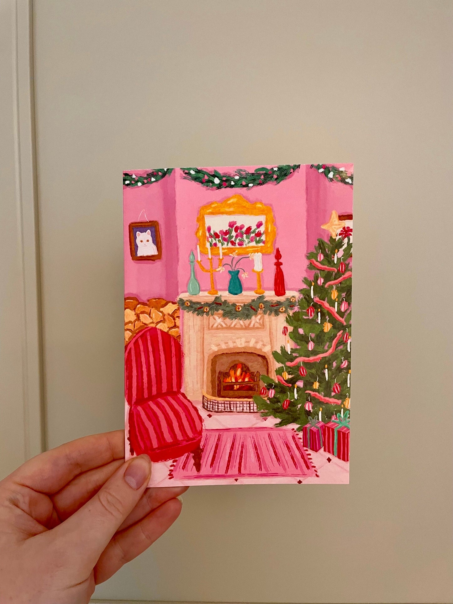 Christmas Scene Card 5x7inch, Xmas Card, Pink Christmas Living Room Greeting Card, Vibrant Christmas Tree Card, Fireplace Xmas Card