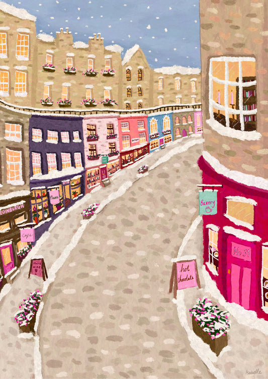 Snowy Edinburgh Print, Christmas Edinburgh Travel Poster, Victoria Street Print, Christmas Scotland Print, Edinburgh City Wall Art