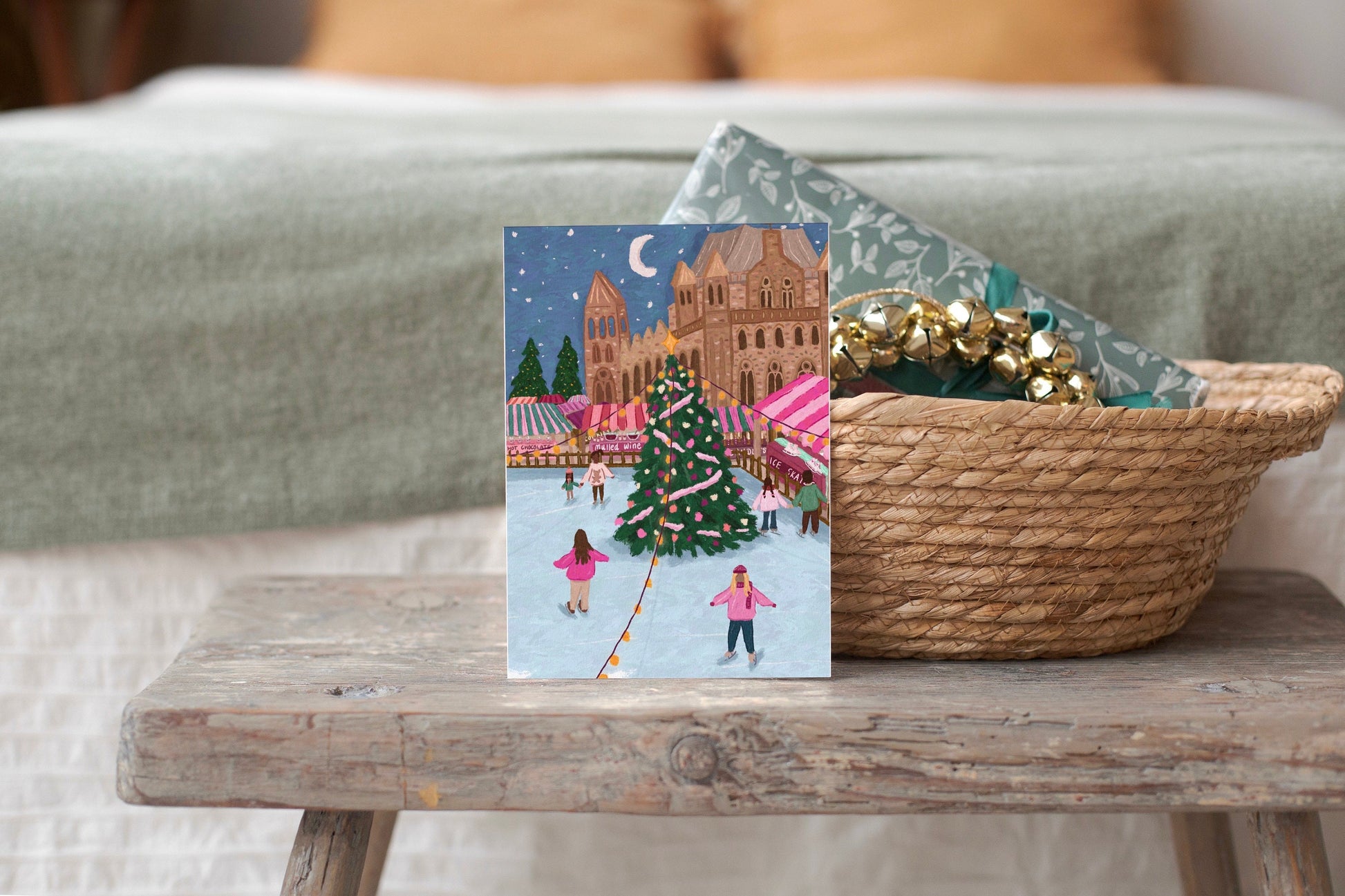 Ice Skating Christmas Card 5x7inch, London Skating Natural History Museum, Ice Skating Greeting Card, Christmas Tree Card, Xmas Card