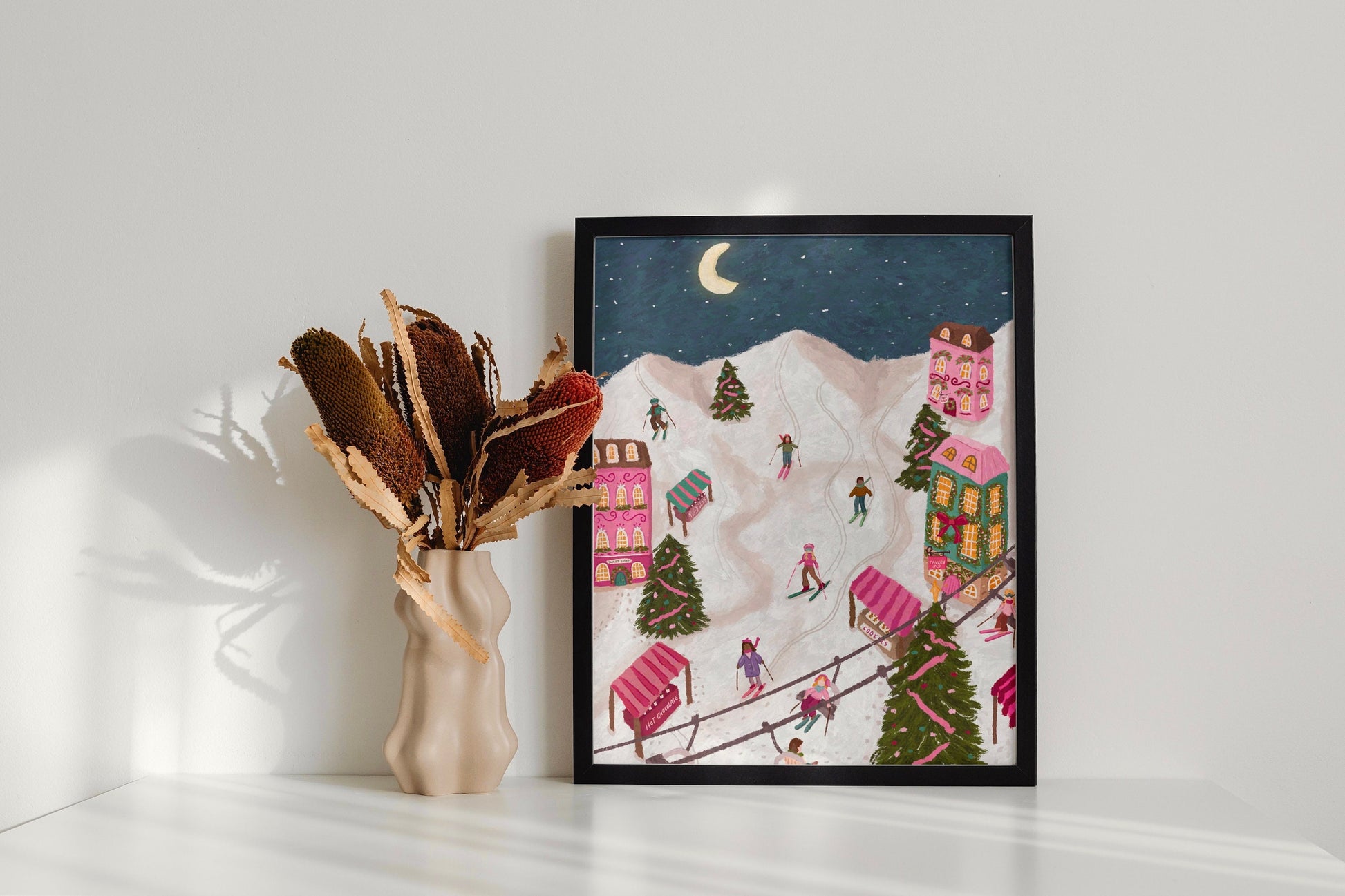 Ski Print, Skiing Christmas Print, Christmas Village Wall Art, Snowy Ski Village Print, Christmas Ski Poster, Ski Town Art Print