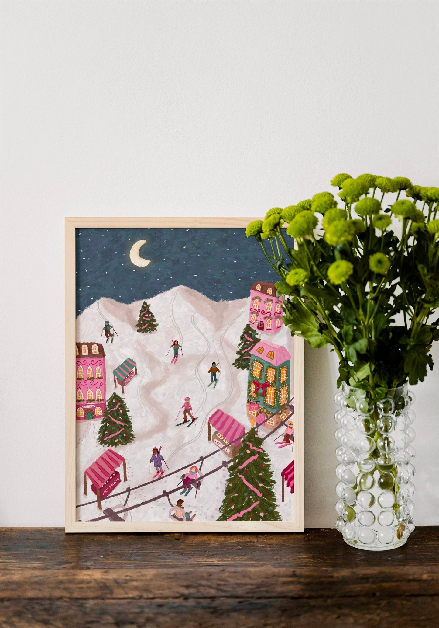 Ski Print, Skiing Christmas Print, Christmas Village Wall Art, Snowy Ski Village Print, Christmas Ski Poster, Ski Town Art Print