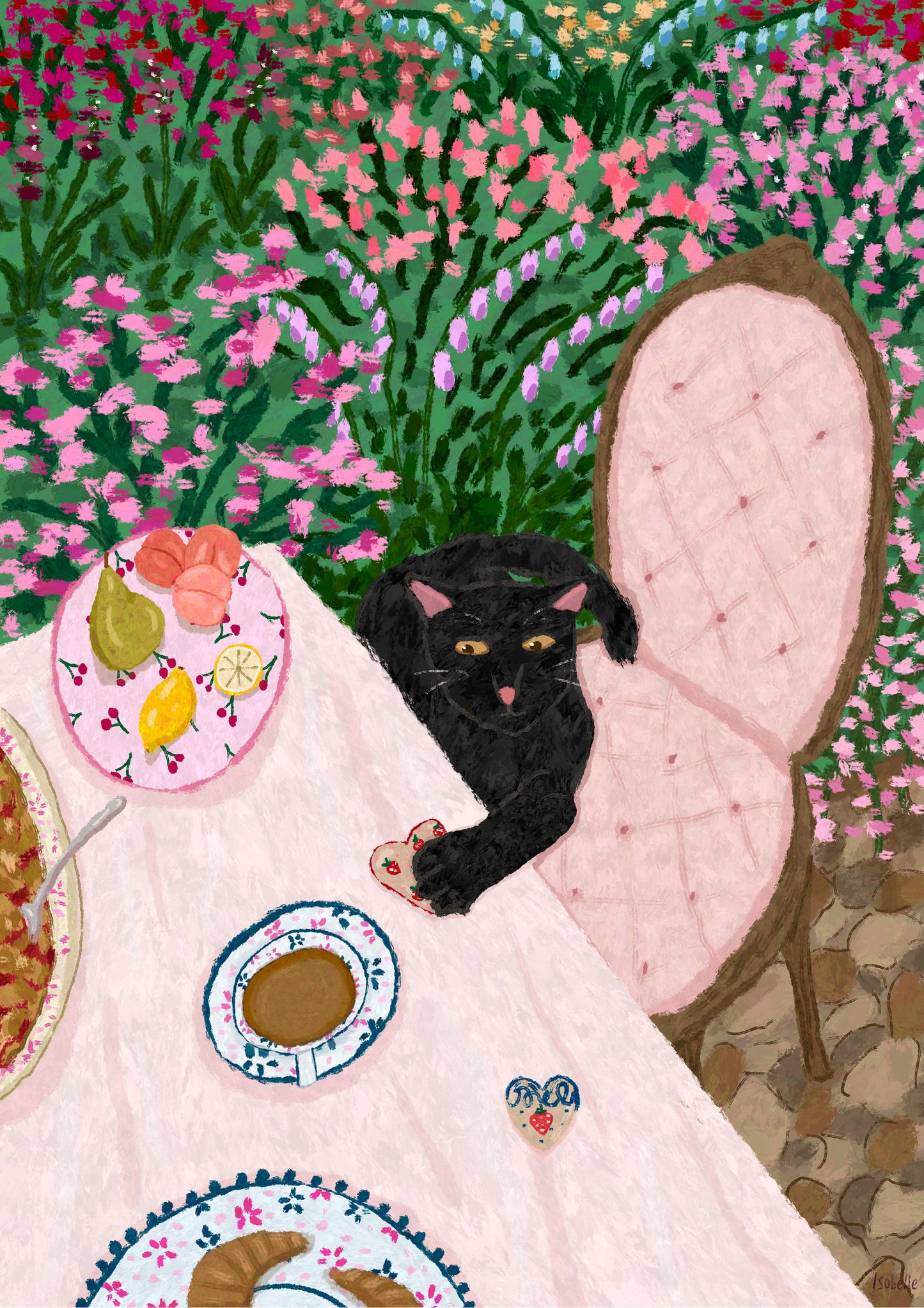 Garden Cat Print, Black Cat Print, Afternoon Tea Cat Art, Floral Cat Poster, Vibrant Cat Print, Cat Wall Art, Cat Lover Gifts, Eclectic Cat