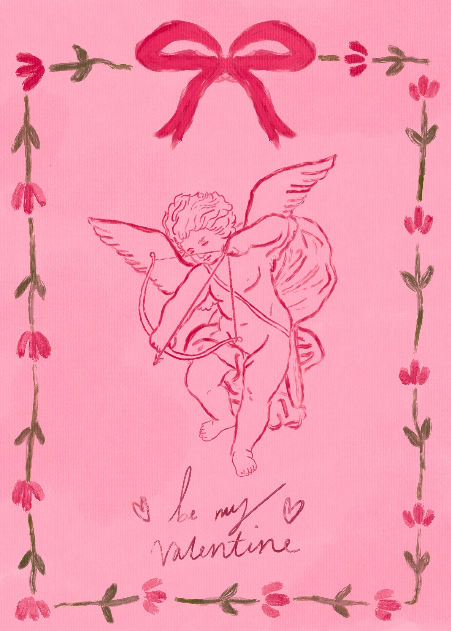 Vintage Cupid Valentines Card 5x7inch, Valentines Greeting Card, Vintage Cupid Card, Pink Romantic Card, Victorian Valentines Card