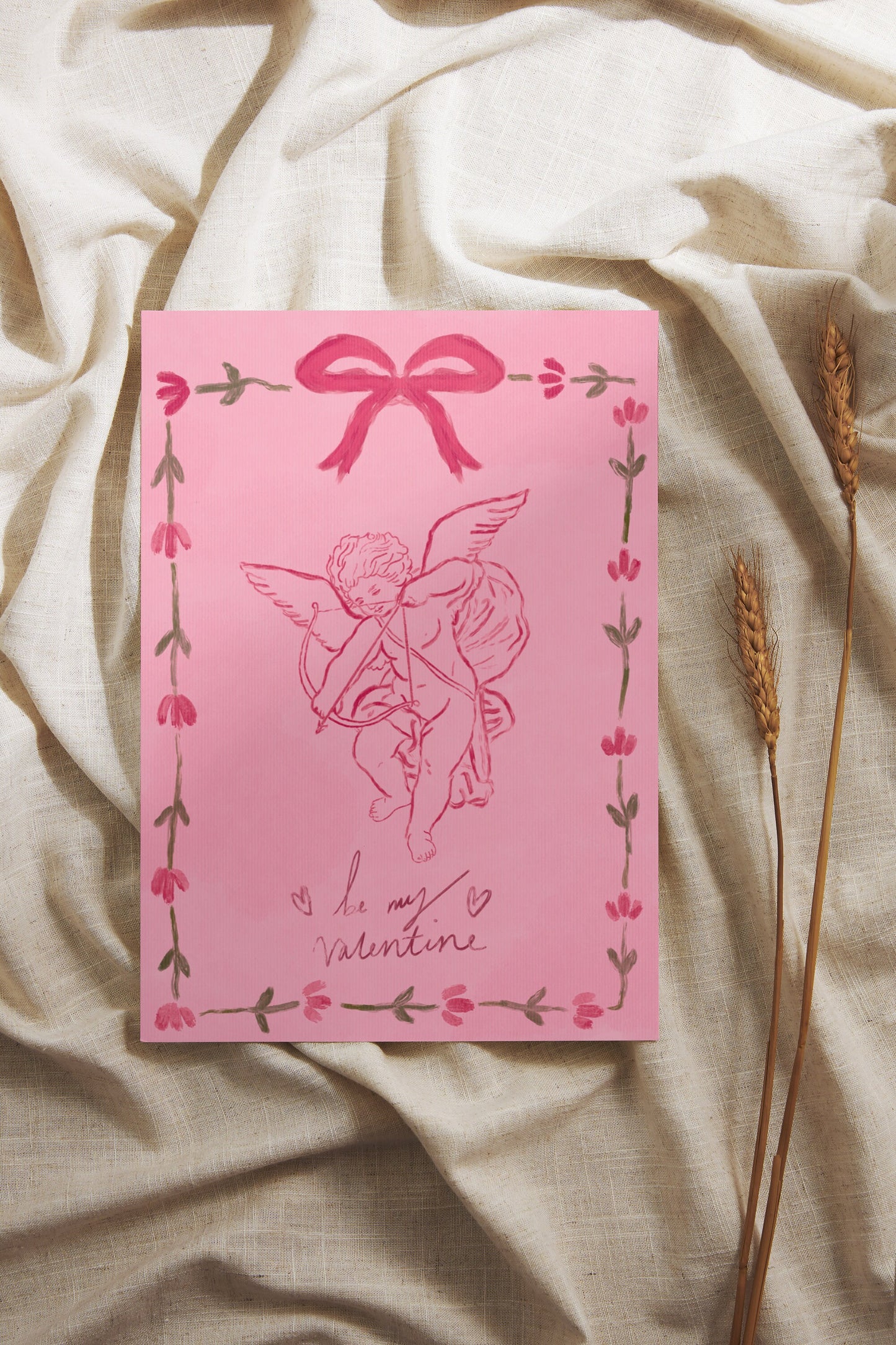 Vintage Cupid Valentines Card 5x7inch, Valentines Greeting Card, Vintage Cupid Card, Pink Romantic Card, Victorian Valentines Card