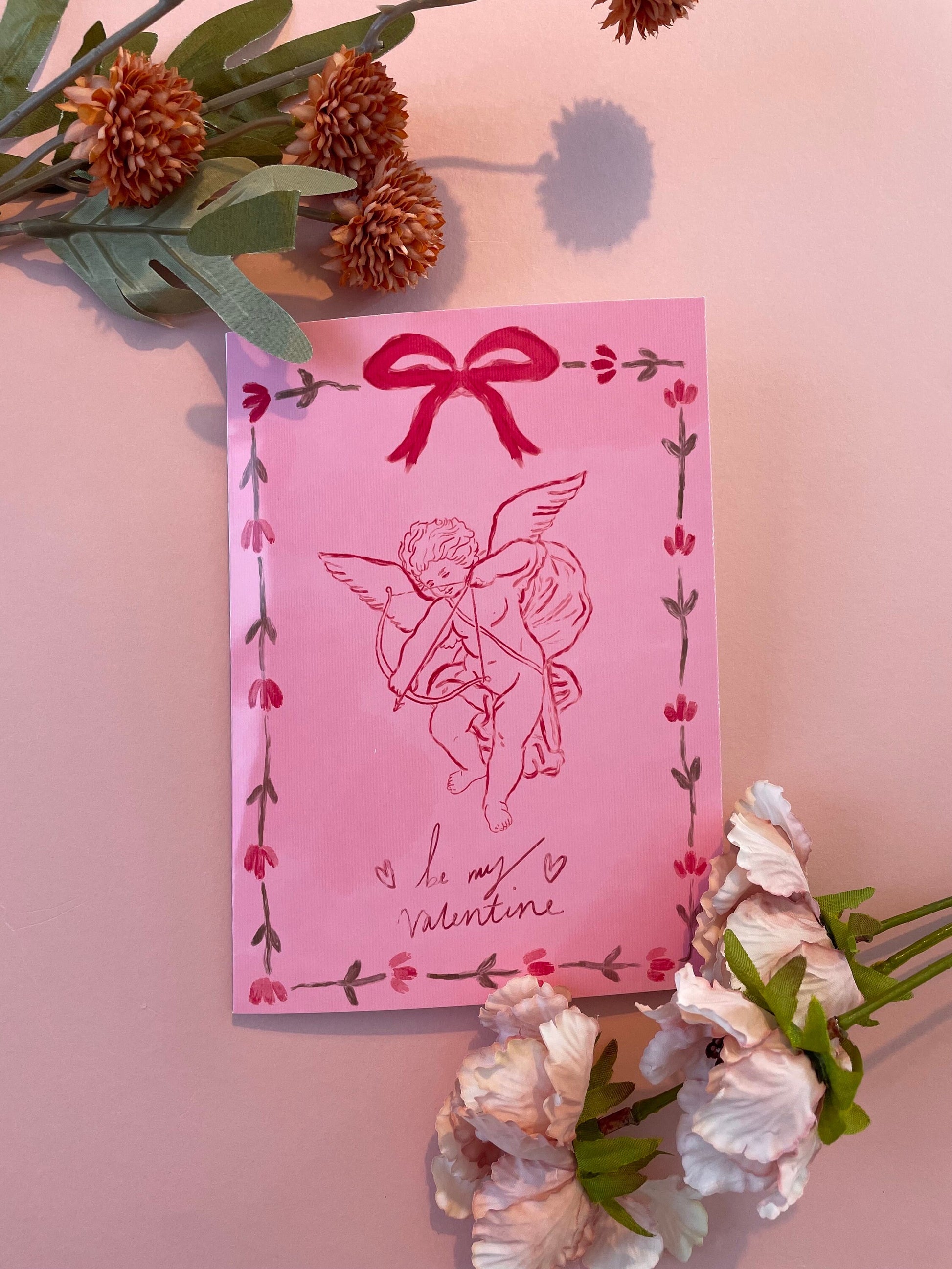 Vintage Cupid Valentines Card 5x7inch, Valentines Greeting Card, Vintage Cupid Card, Pink Romantic Card, Victorian Valentines Card