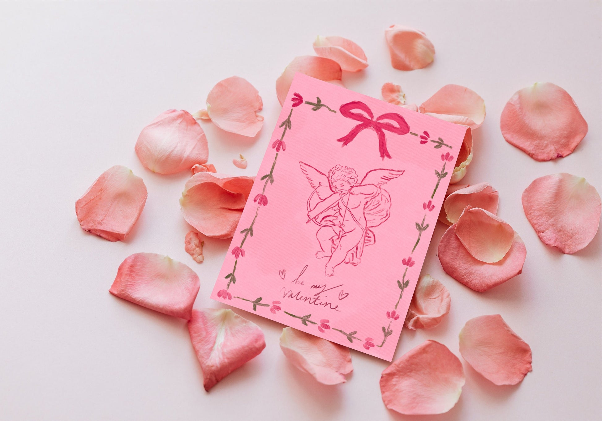 Vintage Cupid Valentines Card 5x7inch, Valentines Greeting Card, Vintage Cupid Card, Pink Romantic Card, Victorian Valentines Card