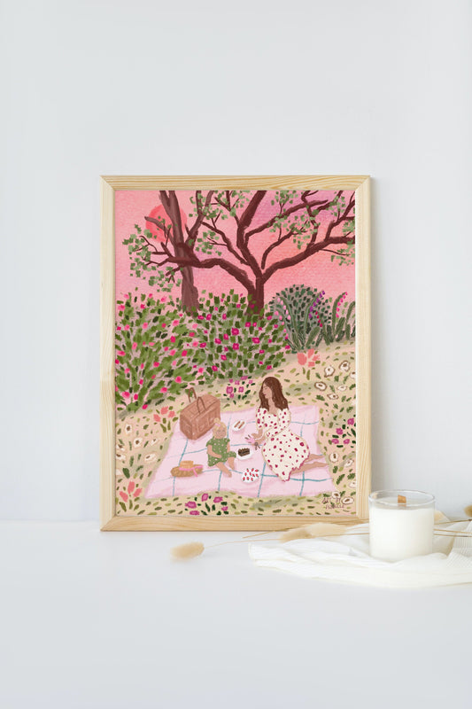 Mother And Child Print, Cottage Garden Print, Picnic Print, Cottagecore Floral Art, Nature Print, Woman Poster, Summer Garden, Oil Pastel