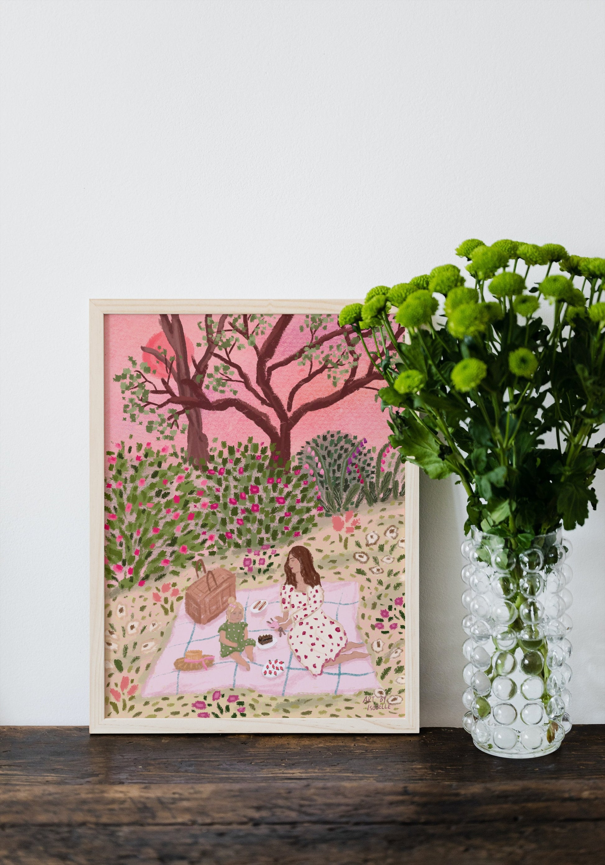 Mother And Child Print, Cottage Garden Print, Picnic Print, Cottagecore Floral Art, Nature Print, Woman Poster, Summer Garden, Oil Pastel