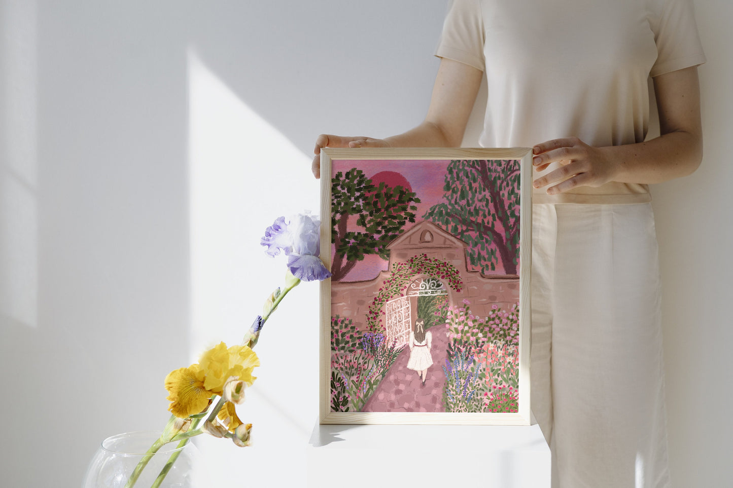 Secret Garden Art Print, Cottage Garden Print, Cottagecore Floral Wall Art, Nature Print, Woman Poster, Summer Garden, Oil Pastel